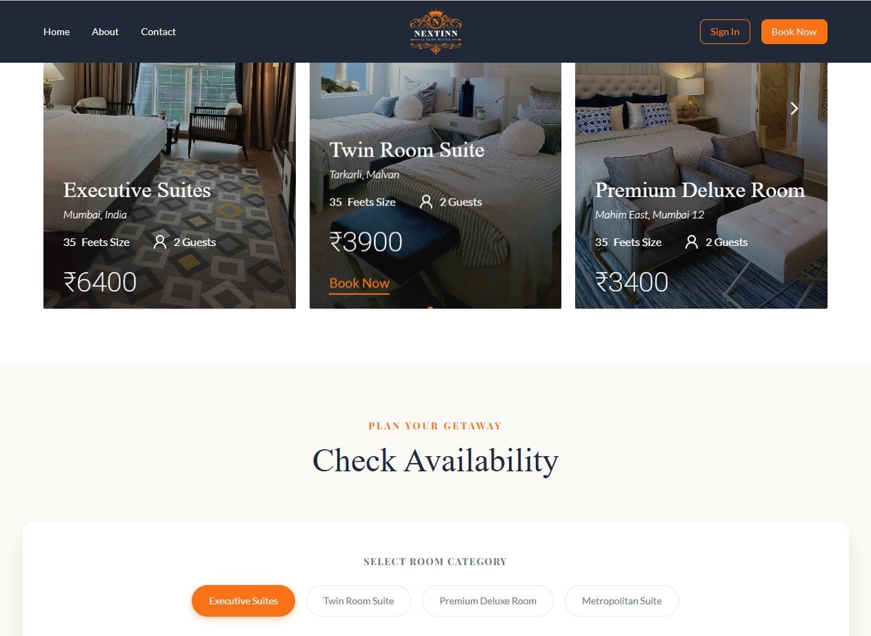 NextInn — guest booking flow alongside staff and admin dashboards.