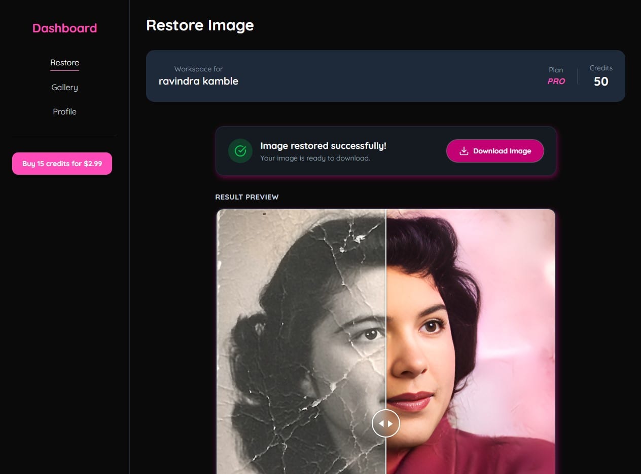 Phixl AI — upload, AI processing, restored result, and credit-based checkout.